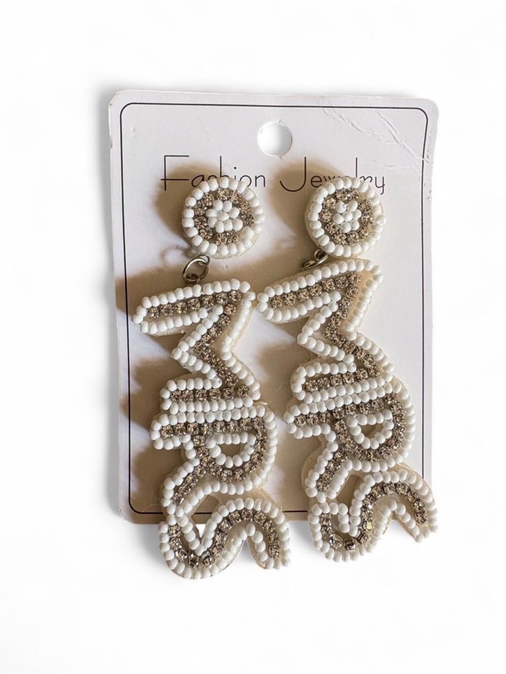 White Beaded Drop Earrings with Silver Accents